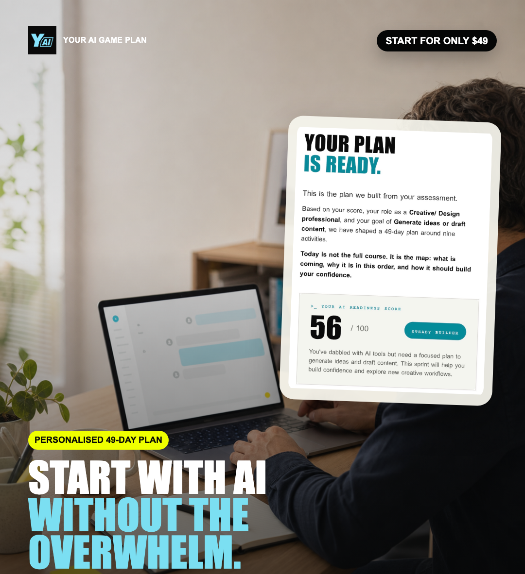 Your AI Game Plan product evidence showing a personalised plan, readiness score, and beginner-safe starting point