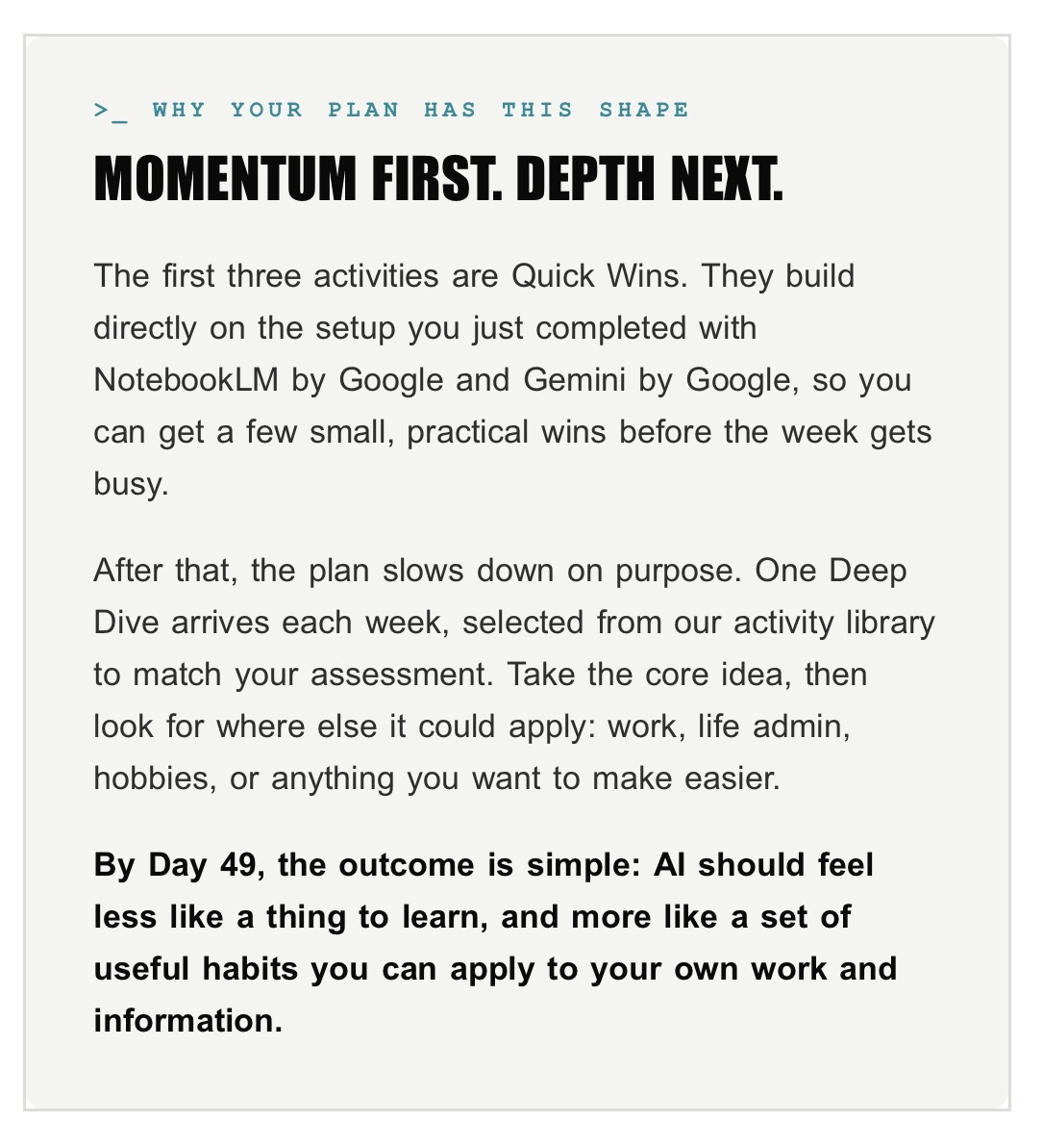 Plan shape page explaining momentum first and depth next