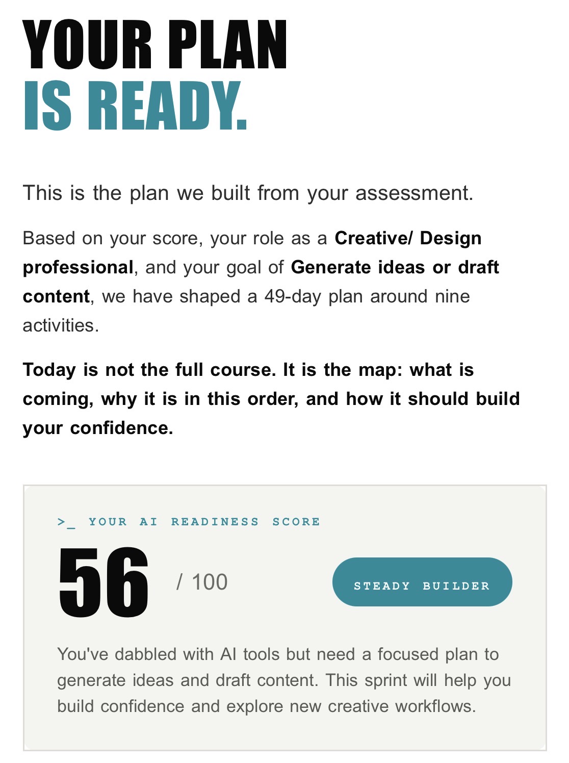 Personalised plan ready page with AI readiness score