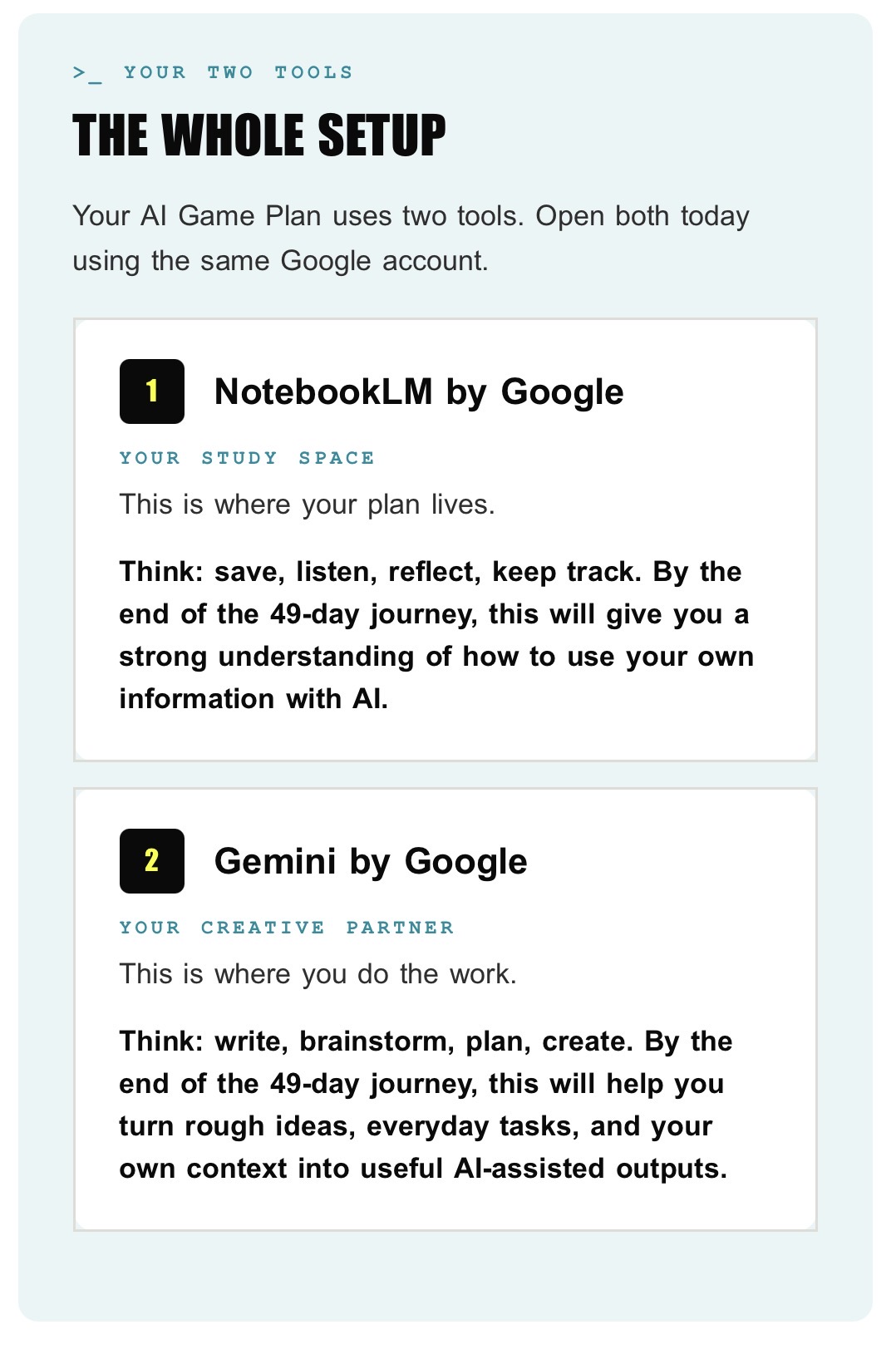 Setup guide showing NotebookLM by Google and Gemini by Google