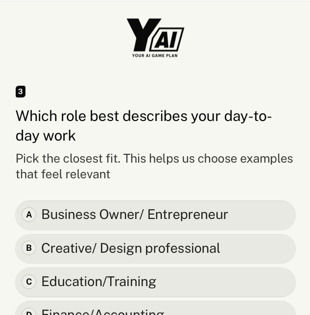 Assessment question asking which role best describes your day-to-day work